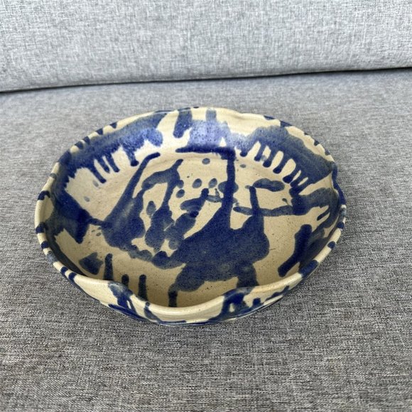 Vintage Pottery Pie Plate Serving Dish Blue Abstract Signed - Picture 5 of 7